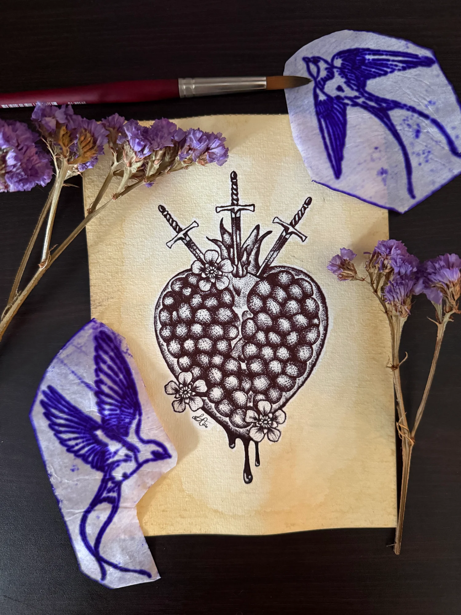 Pomegranate Sacred Heart Tattoo Art Print (A5)